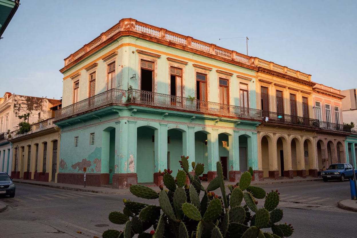Vibrant Early Evening Street Scene in Havana Cuba with Prickly Pear Cactus in in Havana, Cuba