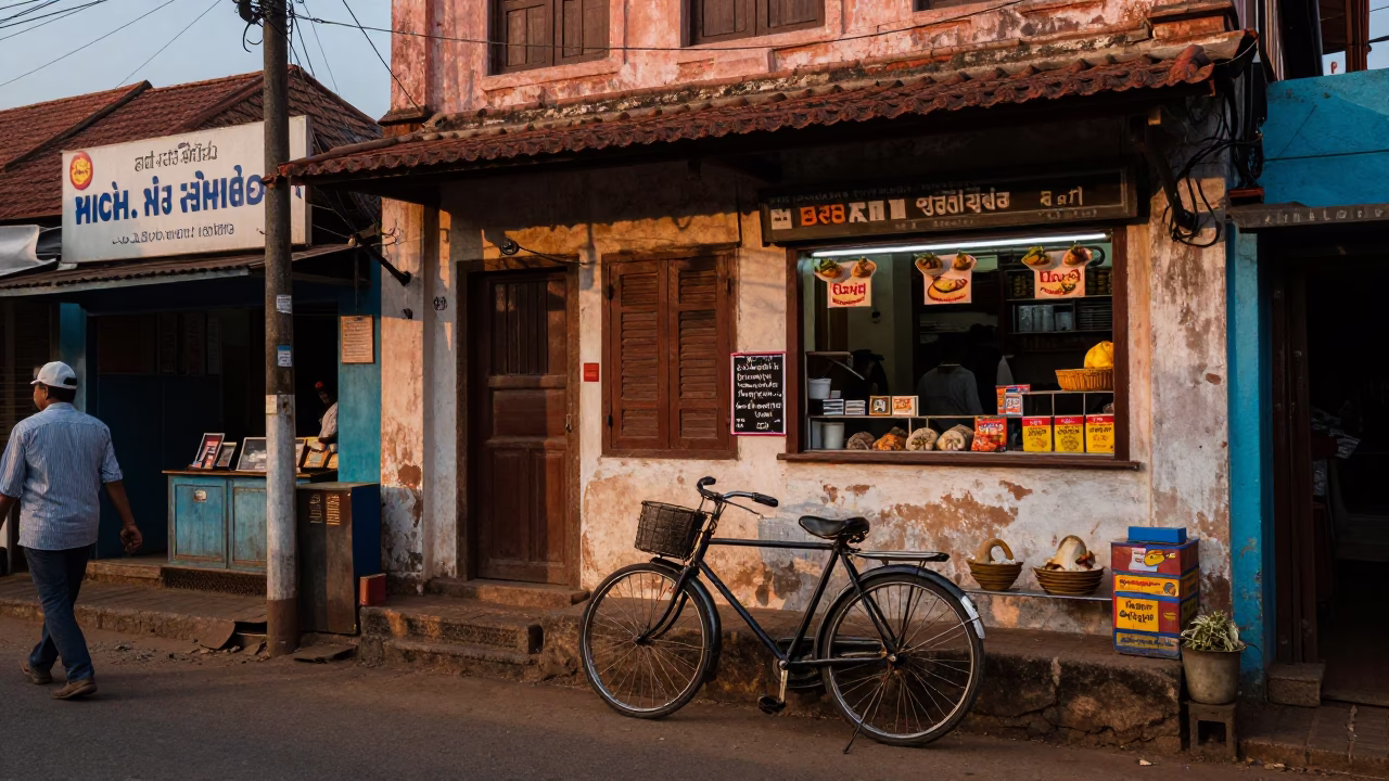 Vibrant Early Evening Street Scene in Kochi India with Local Food and Bicycle in in Kochi, India