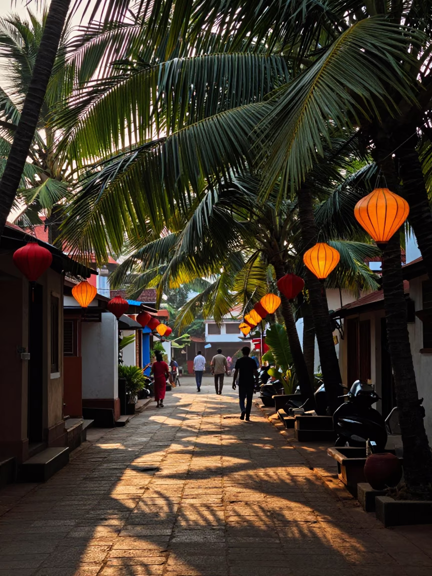 Vibrant Early Evening Street Scene in Kochi India with Traditional Lantern and Colorful Textiles in in Kochi, India