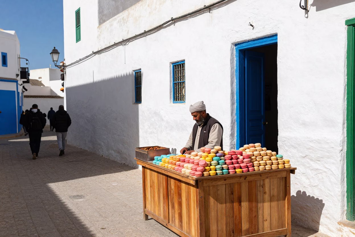 Vibrant Essaouira Morocco Midday Street Scene with Colorful Pastel Macarons on Traditional Wooden Counter in in Essaouira, Morocco