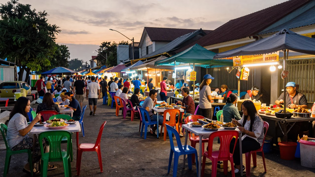 Vibrant Evening Street Food Scene in Yogyakarta Indonesia with Colorful Folding Tables in in Yogyakarta, Indonesia