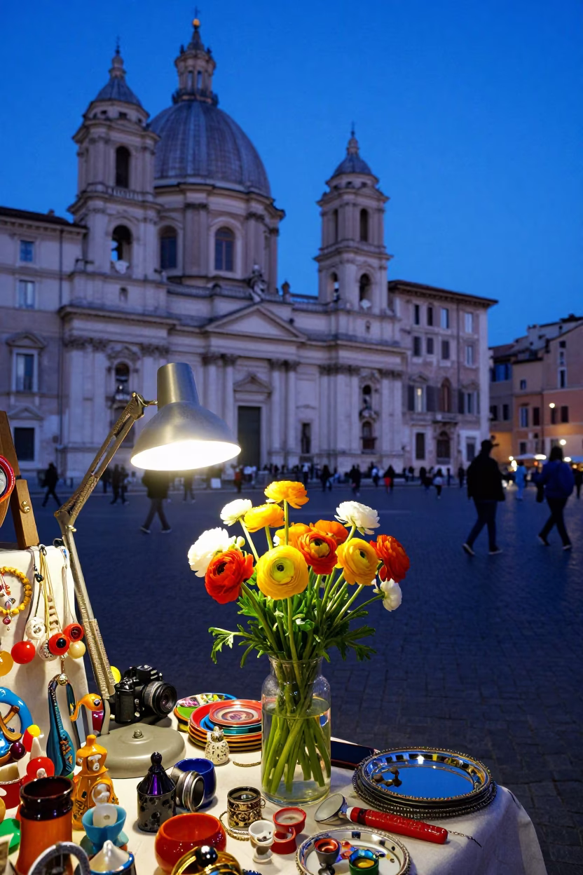 Vibrant Evening Street Life in Rome Italy with Desk Lamp and Ranunculus Bouquet in in Rome, Italy