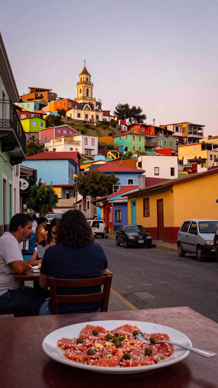 Vibrant Evening Street Life in Valparaiso Chile with Colorful Architecture and Local Dining in in Valparaiso, Chile