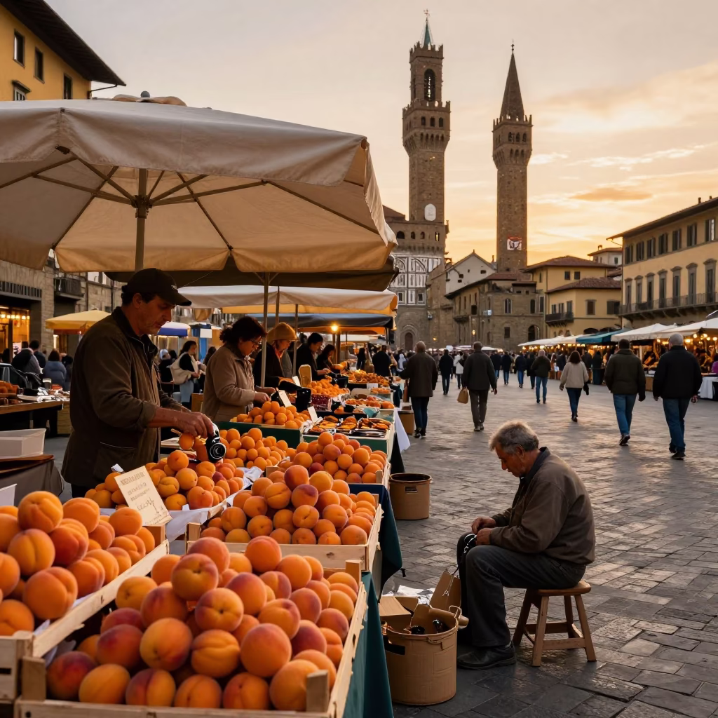Vibrant Evening Street Market Scene in Florence Italy with Apricots and Local Artisans in in Florence, Italy