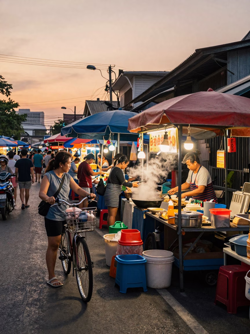 Vibrant Evening Street Scene in Bangkok Thailand with Traditional Market Activity in in Bangkok, Thailand