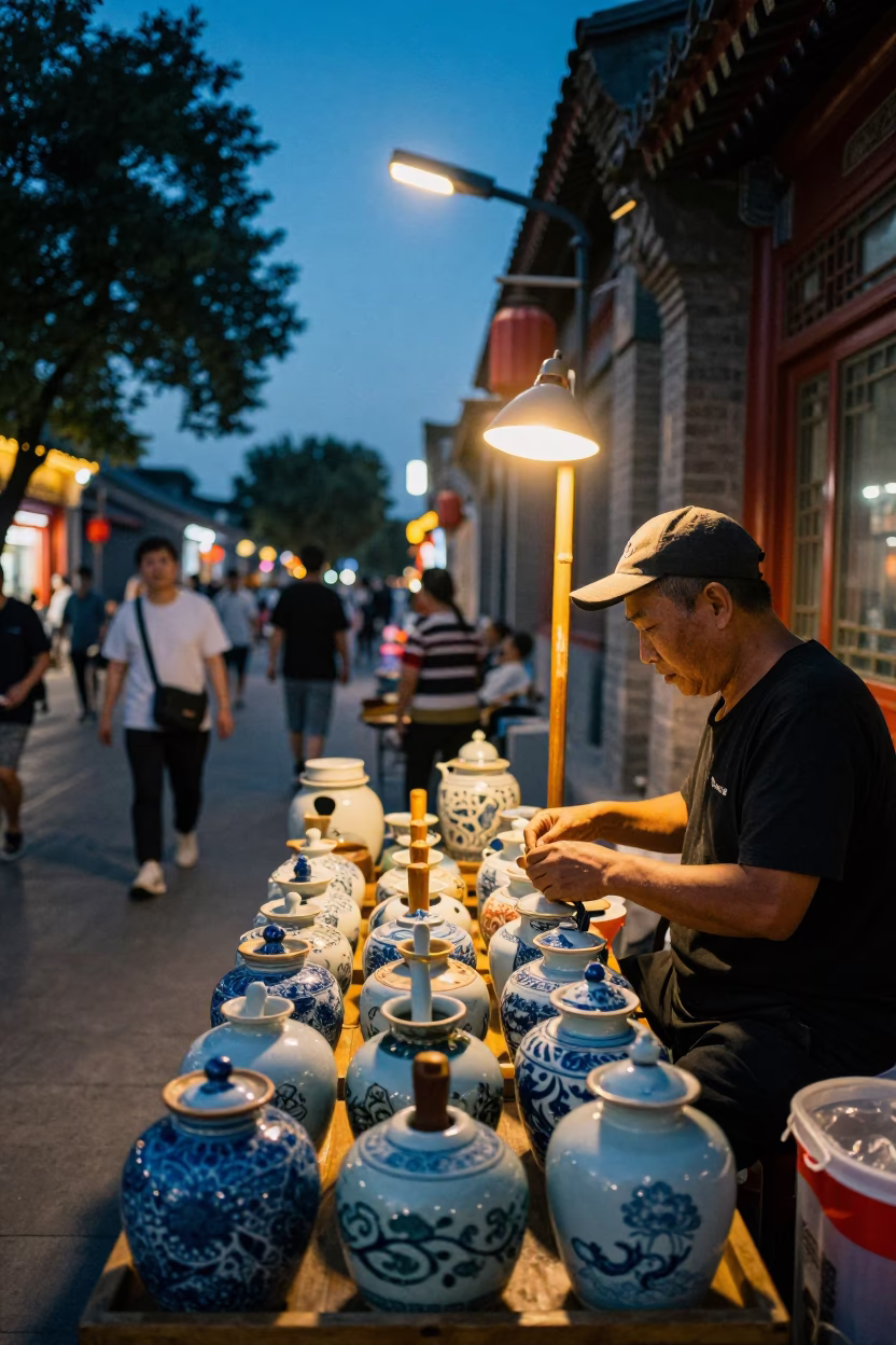Vibrant Evening Street Scene in Beijing China with Traditional Porcelain Jars and Writing Brushes in in Beijing, China