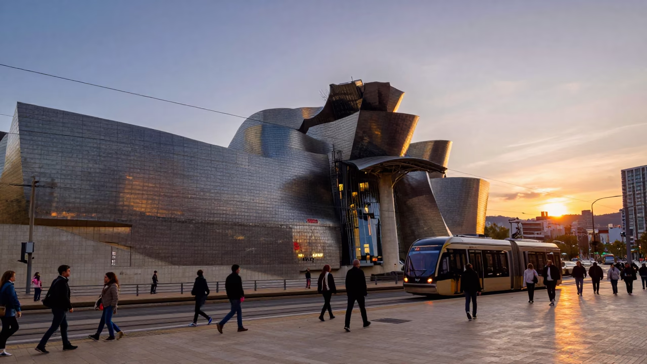 Vibrant Evening Street Scene in Bilbao Spain with Funicular Railway and Local Pedestrians in in Bilbao, Spain