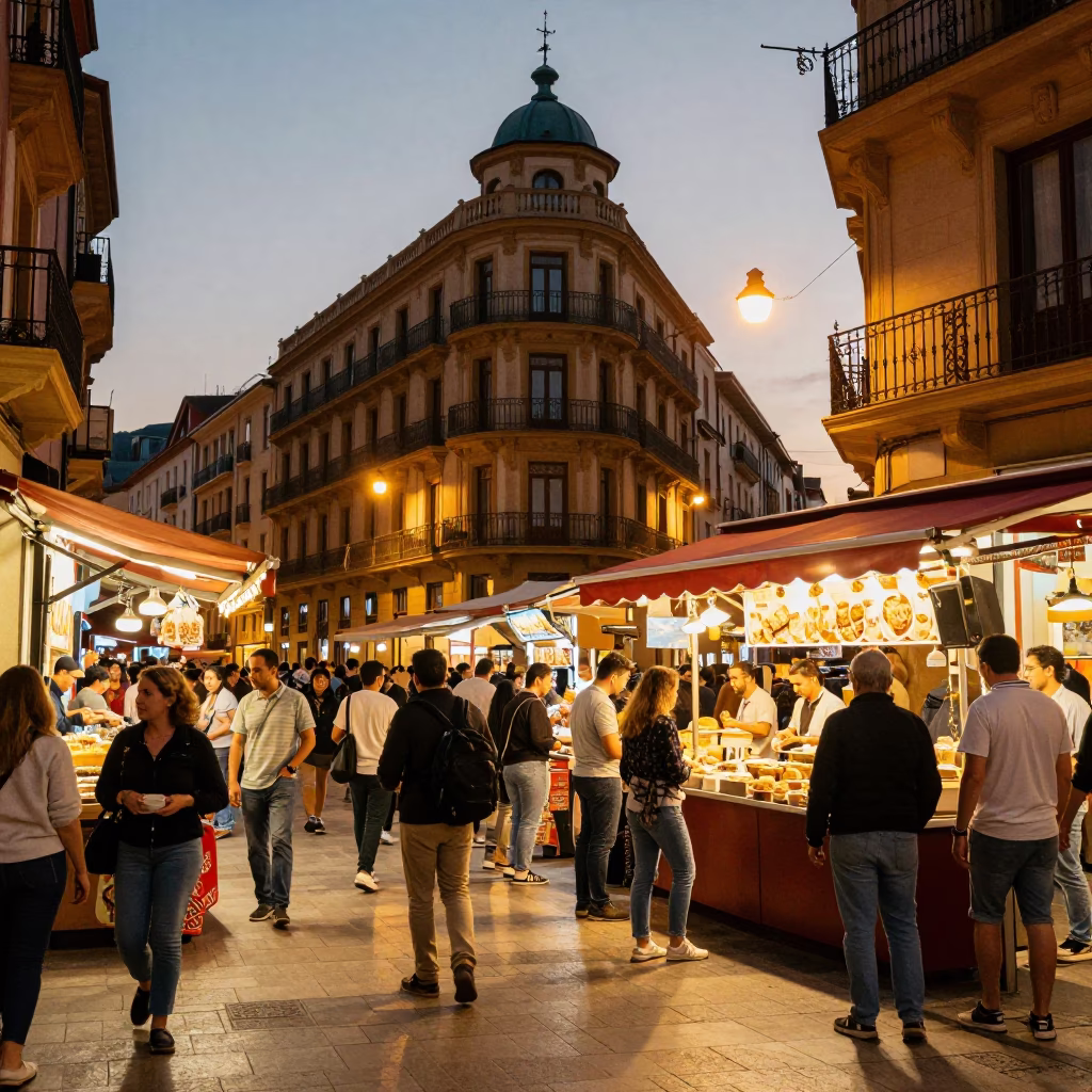 Vibrant Evening Street Scene in Bilbao Spain with Local Food and Architecture in in Bilbao, Spain