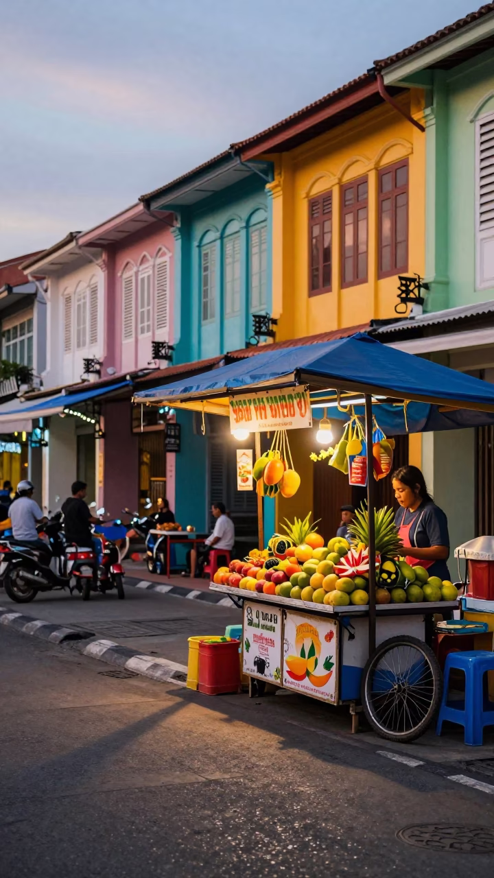 Vibrant Evening Street Scene in Denpasar Indonesia with Colorful Shopfronts and Local Activity in in Denpasar, Indonesia