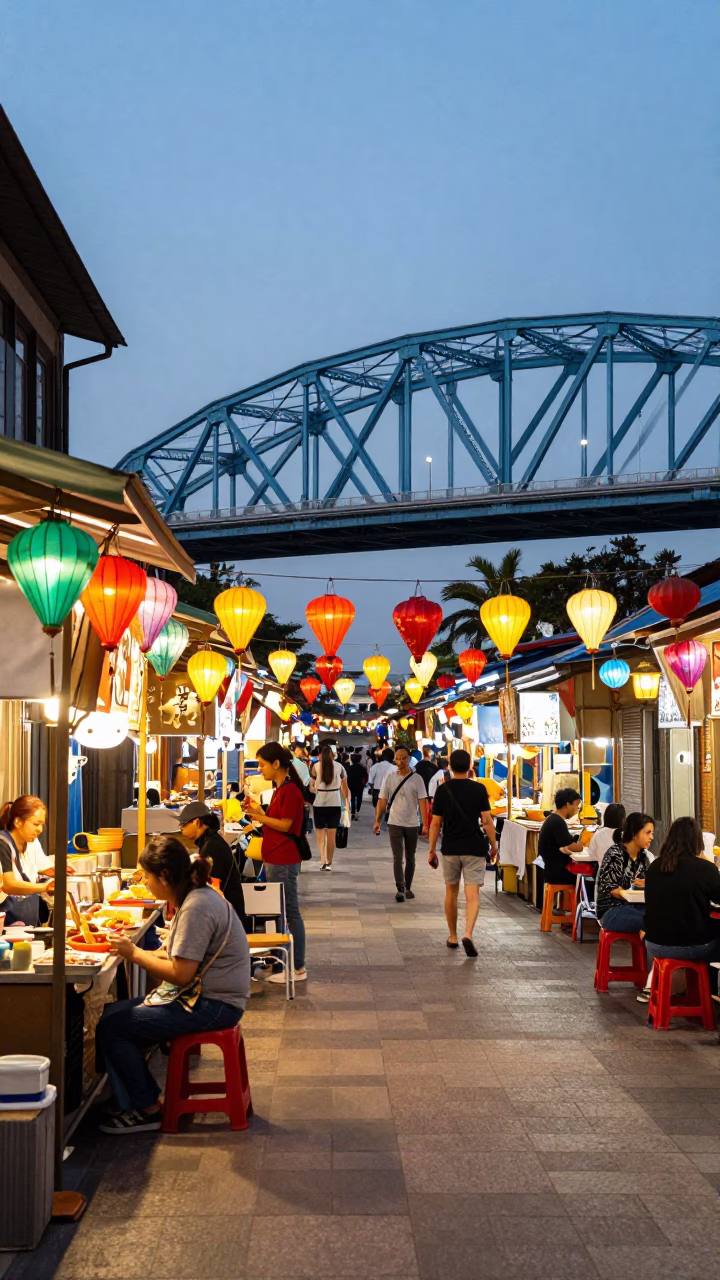 Vibrant Evening Street Scene in Kaohsiung Taiwan with Colorful Lanterns and Local Dining in in Kaohsiung, Taiwan