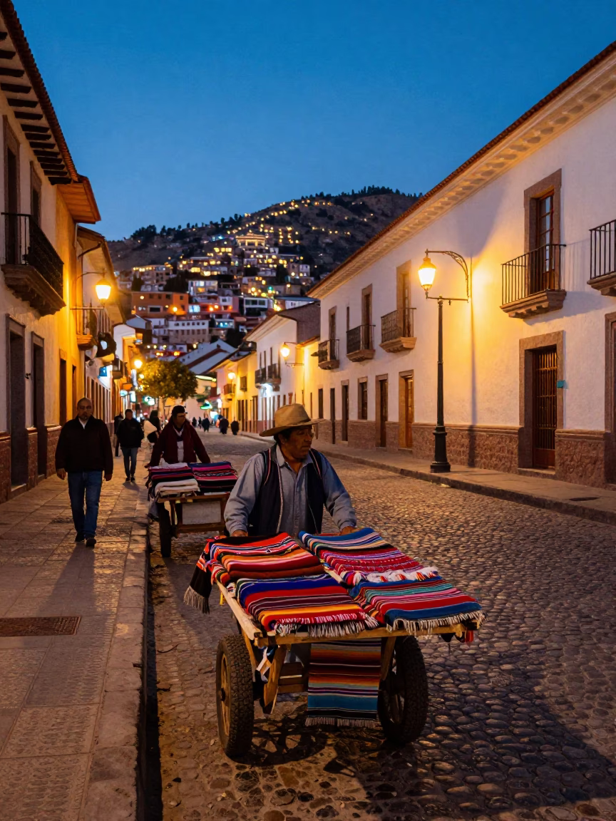Vibrant Evening Street Scene in La Paz Bolivia with Rolling Carts and Traditional Attire in in La Paz, Bolivia