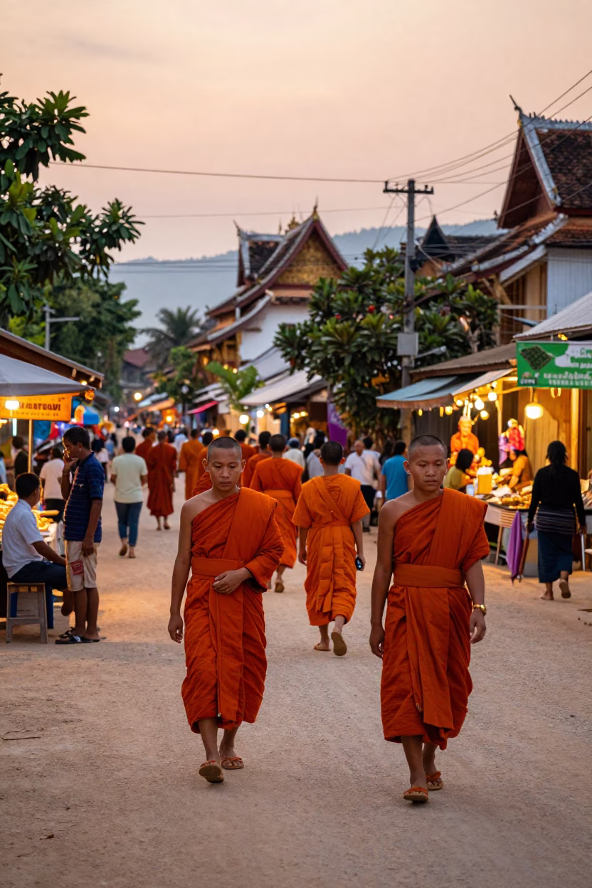 Vibrant Evening Street Scene in Luang Prabang Laos with Monks and Local Market Activity in in Luang Prabang, Laos