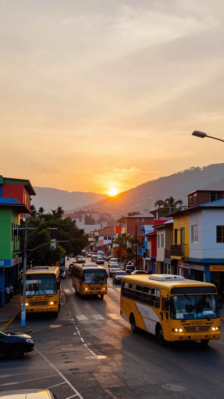 Vibrant Evening Street Scene in Medellin Colombia with Colorful Buses and Pedestrians in in Medellin, Colombia