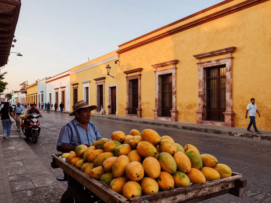 Vibrant Evening Street Scene in Merida Mexico with Mangoes and Colonial Architecture in in Merida, Mexico