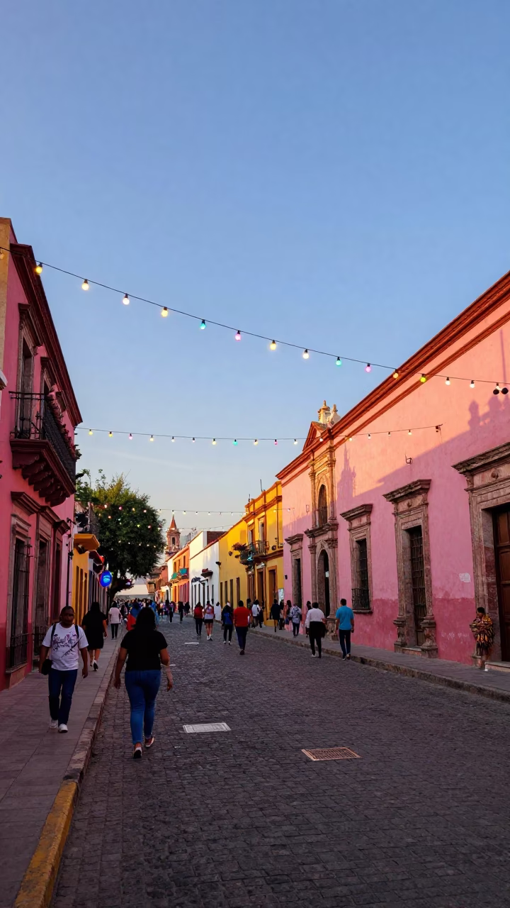 Vibrant Evening Street Scene in Merida Mexico with String Lights and Mezcal in in Merida, Mexico