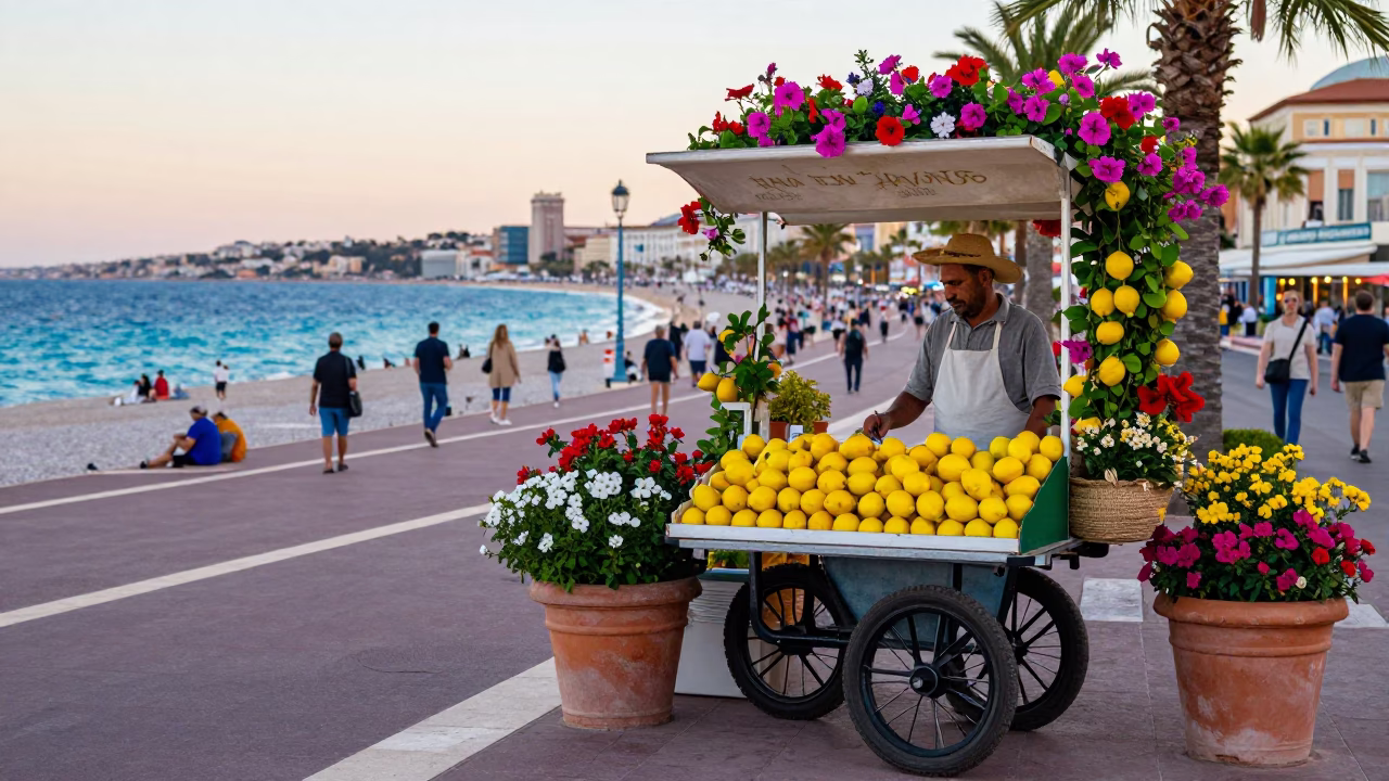 Vibrant Evening Street Scene in Nice France with Colorful Flowers and Local Market Activity in in Nice, France