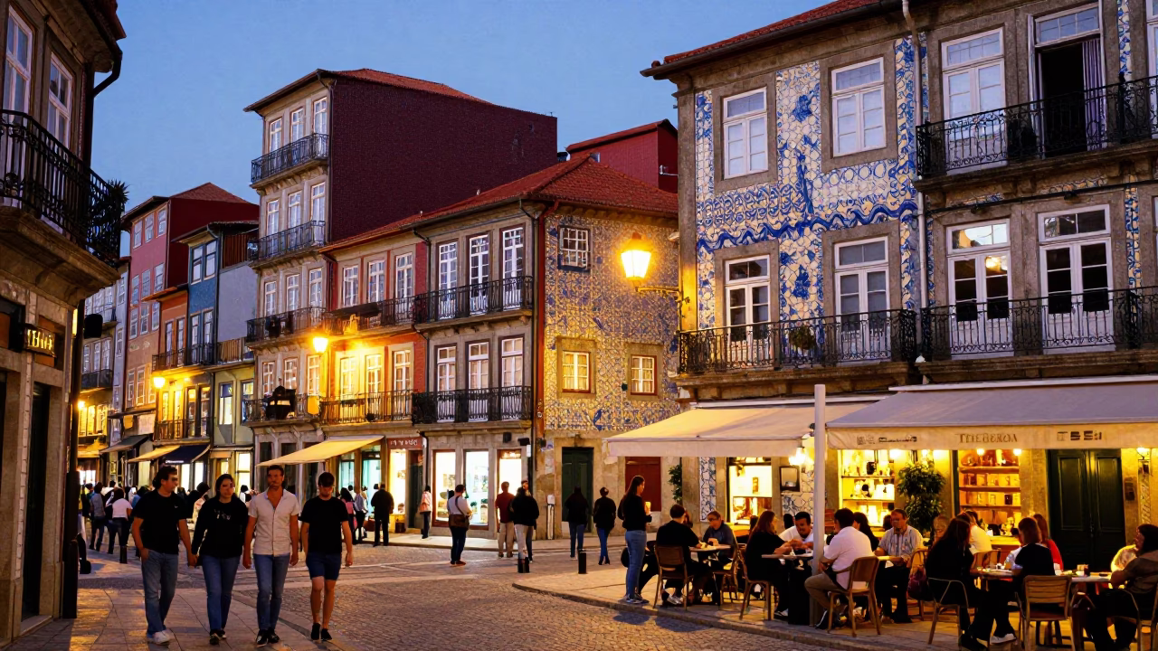Vibrant Evening Street Scene in Porto Portugal with Colorful Facades and Twinkling City Lights in in Porto, Portugal