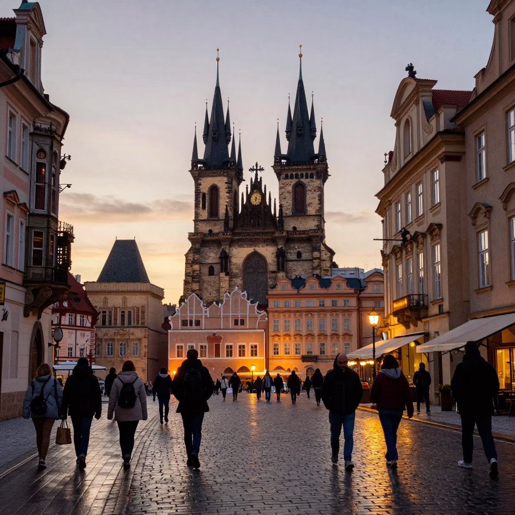 Vibrant Evening Street Scene in Prague Czech Republic with Cobblestone Walkers and Historic Architecture in in Prague, Czech Republic