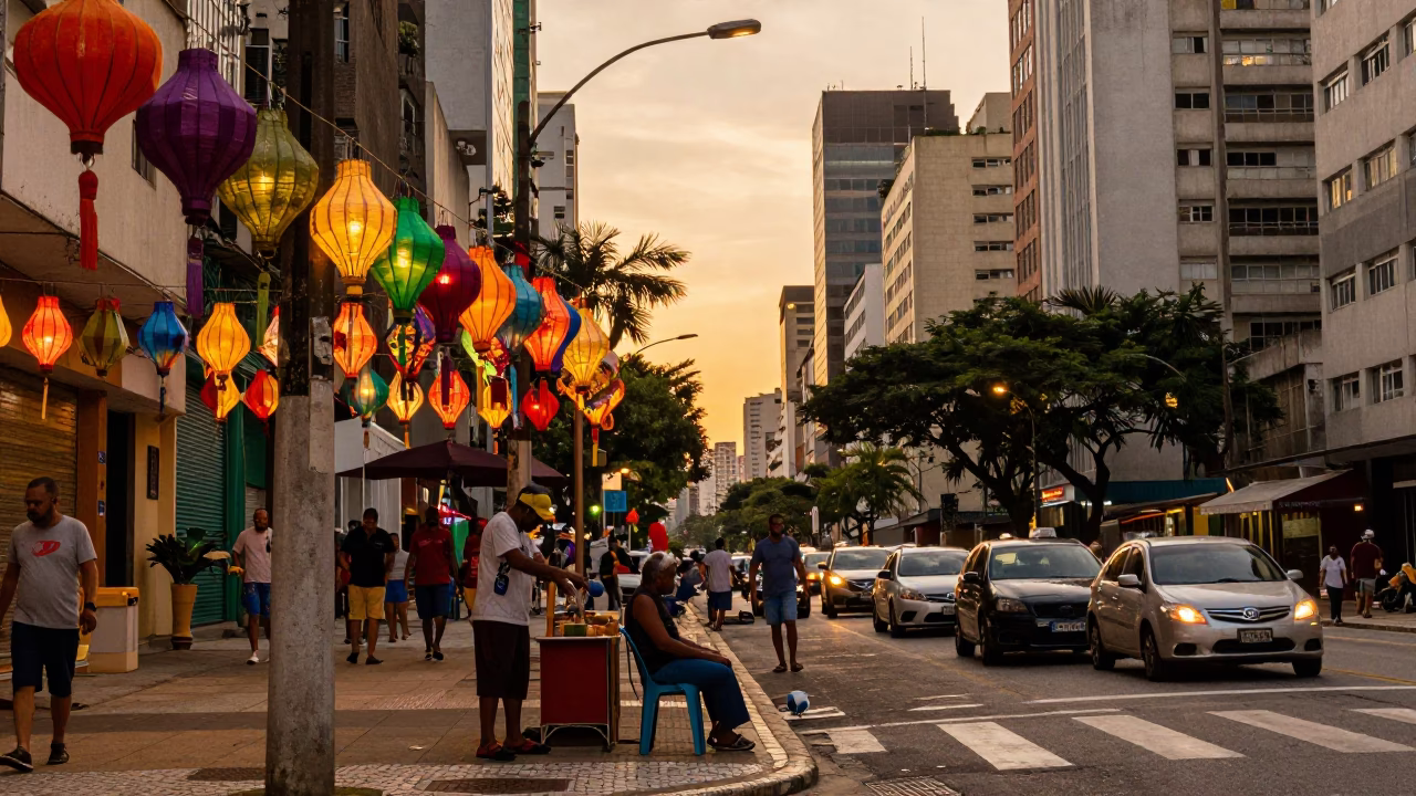 Vibrant Evening Street Scene in São Paulo Brazil with Colorful Decorations in in São Paulo, Brazil