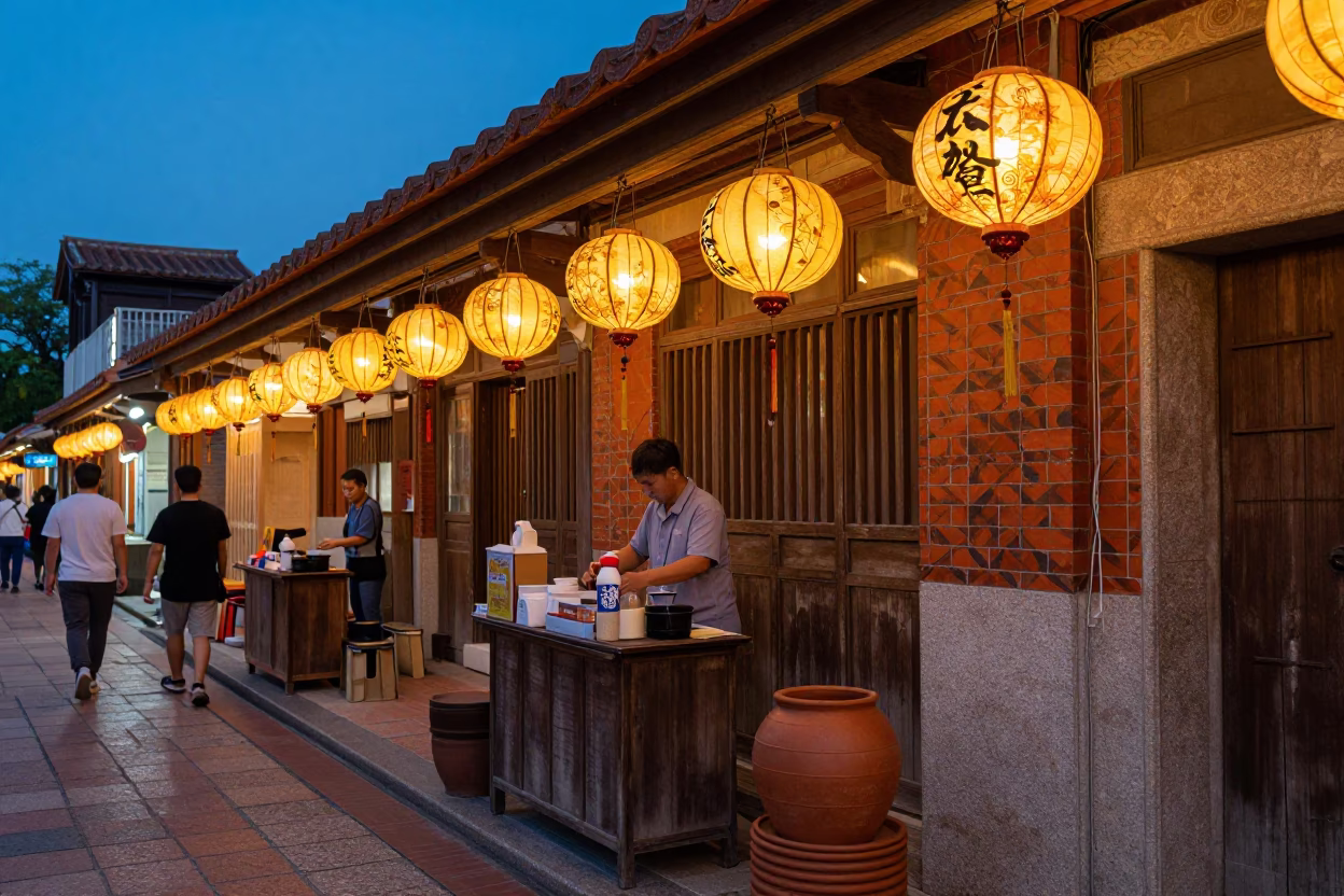 Vibrant Evening Street Scene in Tainan Taiwan with Traditional Lanterns and Local Life in in Tainan, Taiwan
