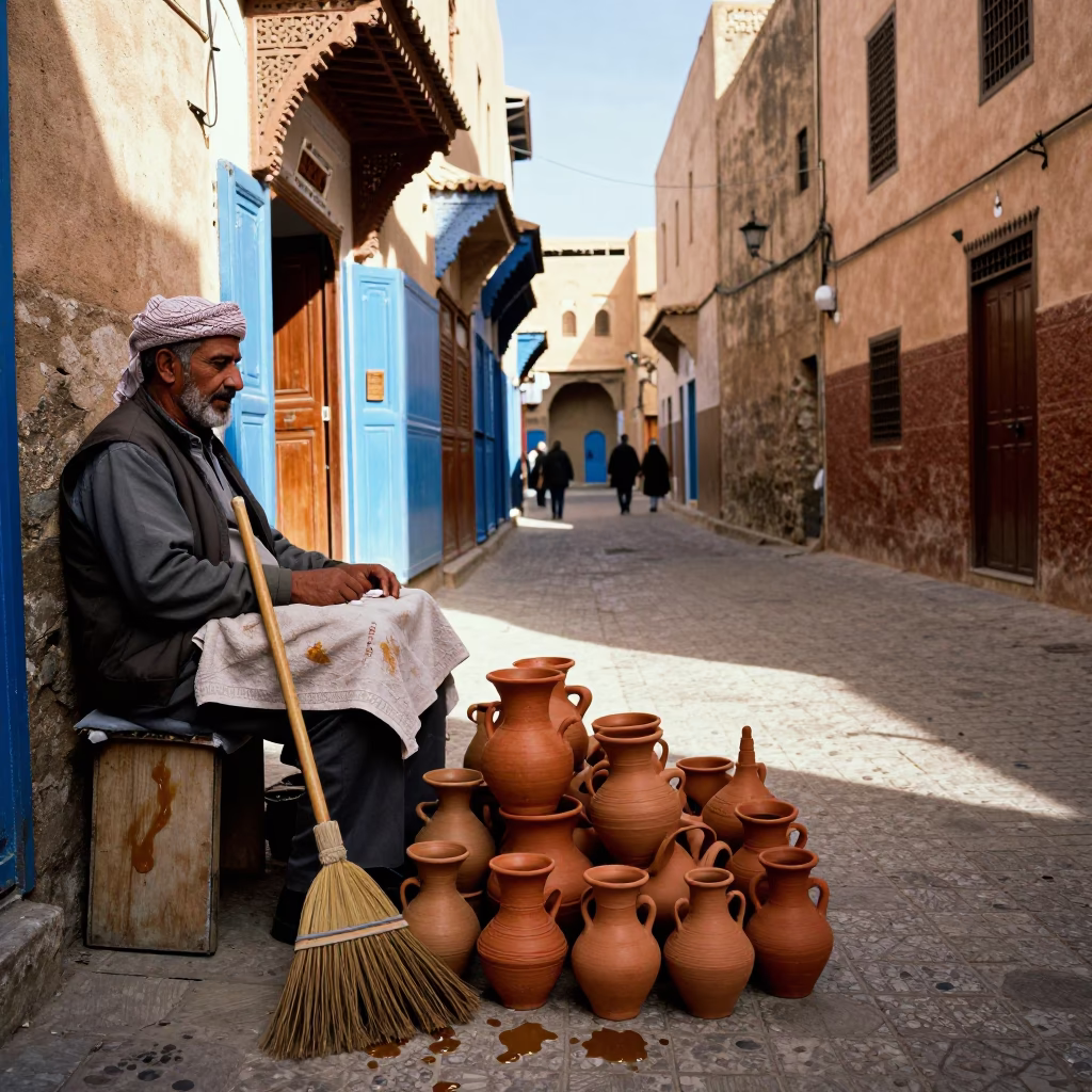 Vibrant Fez Morocco Street Scene Early Afternoon Honey Seller and Tea Towel in in Fez, Morocco