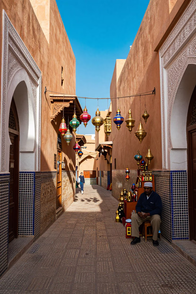 Vibrant Fez Morocco Street Scene with Traditional Lanterns and Colorful Textiles in in Fez, Morocco