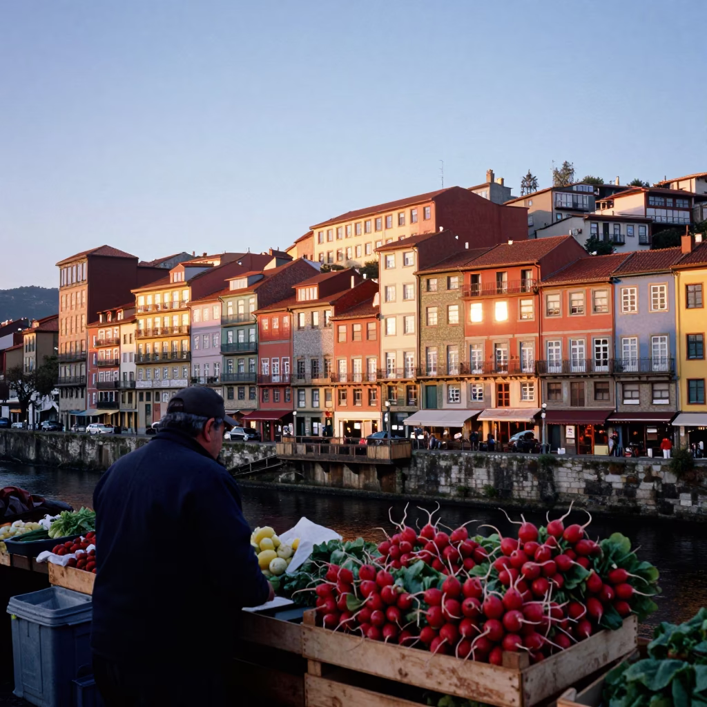 Vibrant First Light Dawn in Bilbao Spain with Traditional Basque Market Scene in in Bilbao, Spain