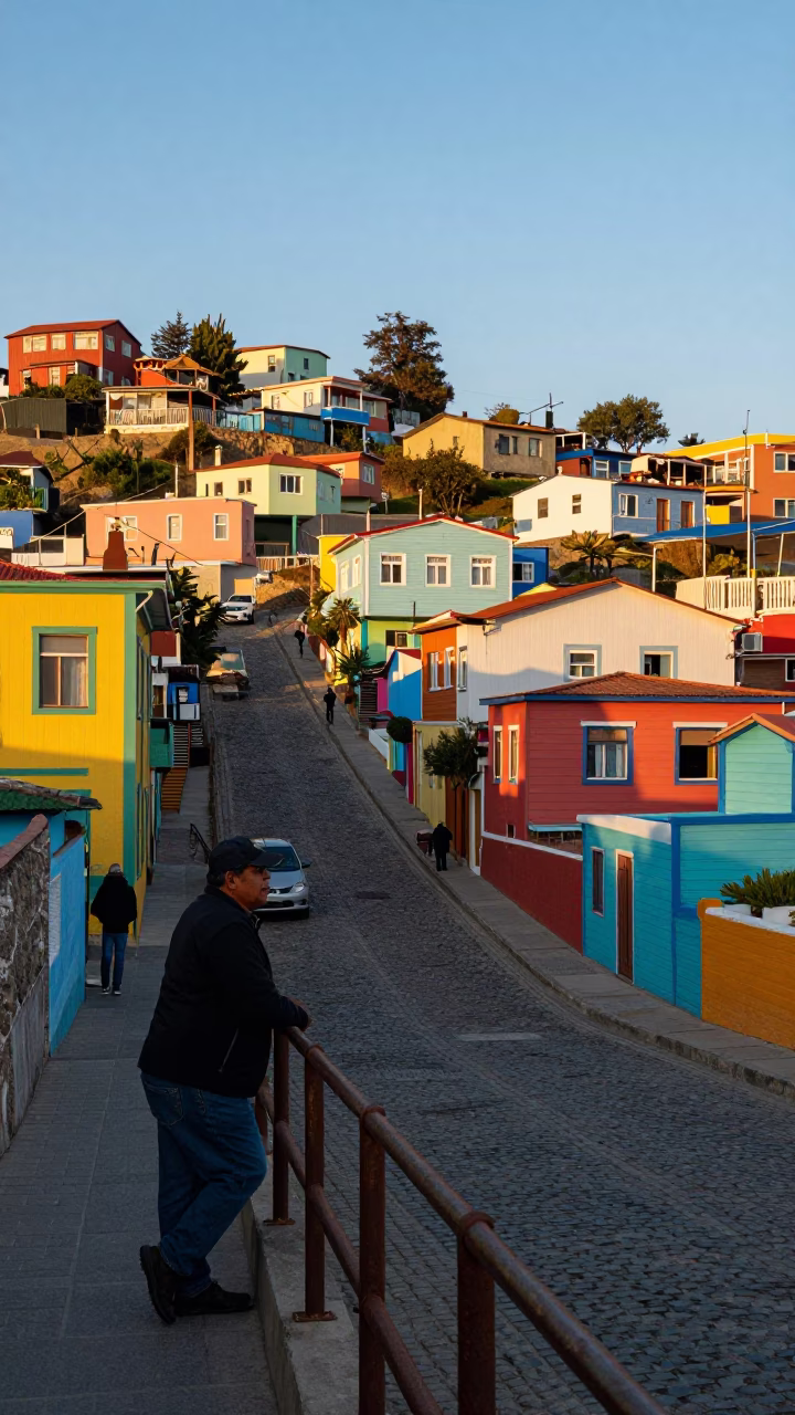 Vibrant First Light on Valparaiso Hillside Street with Colorful Architecture and Local Daily Life in in Valparaiso, Chile