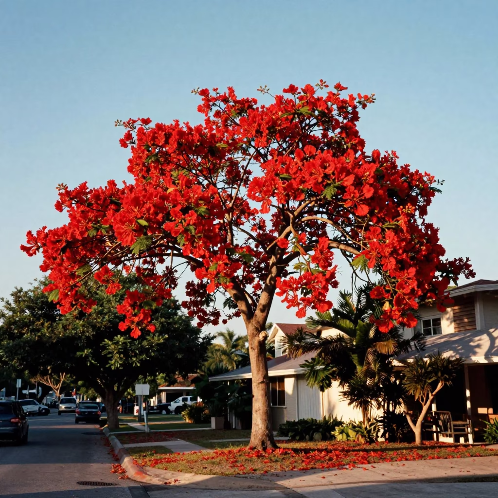 Vibrant Flame Tree Bloom in Clear Late Afternoon Miami Florida Street Scene in in Miami, Florida, United States
