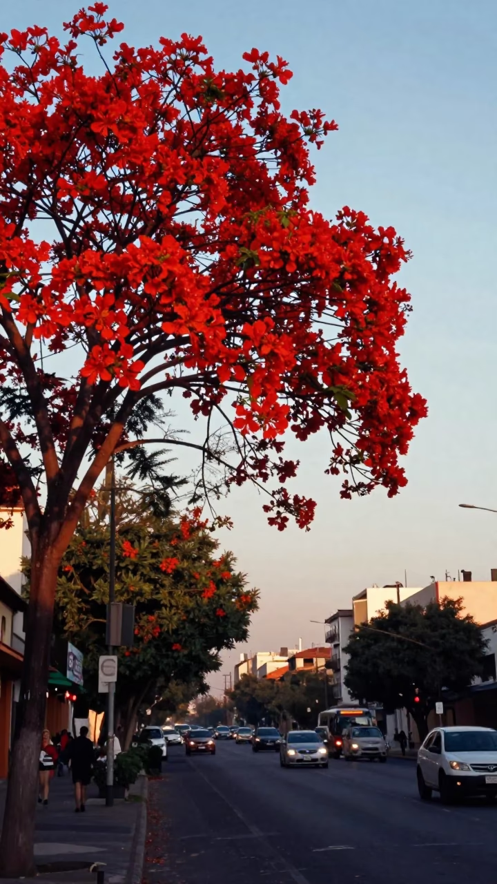 Vibrant Flame Tree Bloom Over Mexico City Street Late Morning Light in in Mexico City, Mexico