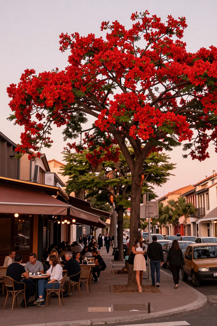 Vibrant Flame Tree Blooms Over Busy Nice France Street Scene Before Dusk in in Nice, France