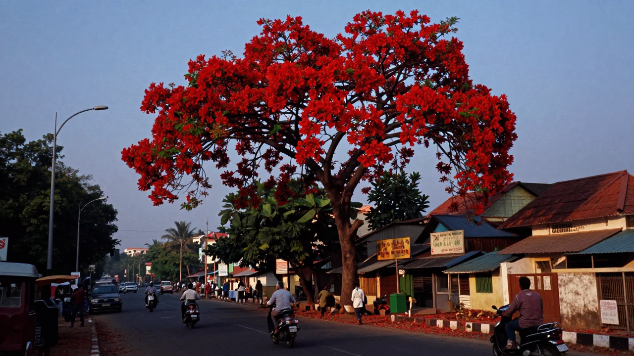 Vibrant Flame Tree Blooms Over Kochi Street Scene at Sunset in in Kochi, India