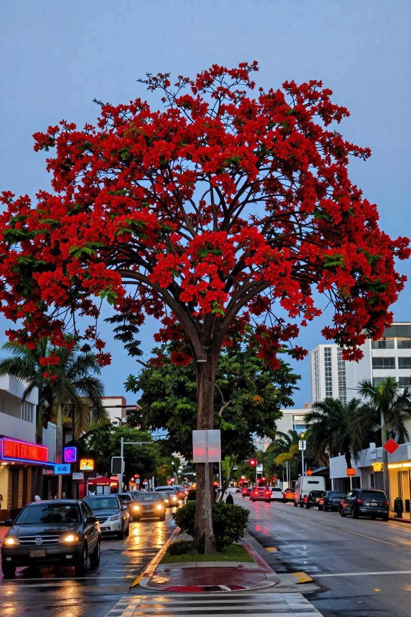 Vibrant Flame Tree in Full Red Bloom Against Miami Blue Hour Sky in in Miami, Florida, United States