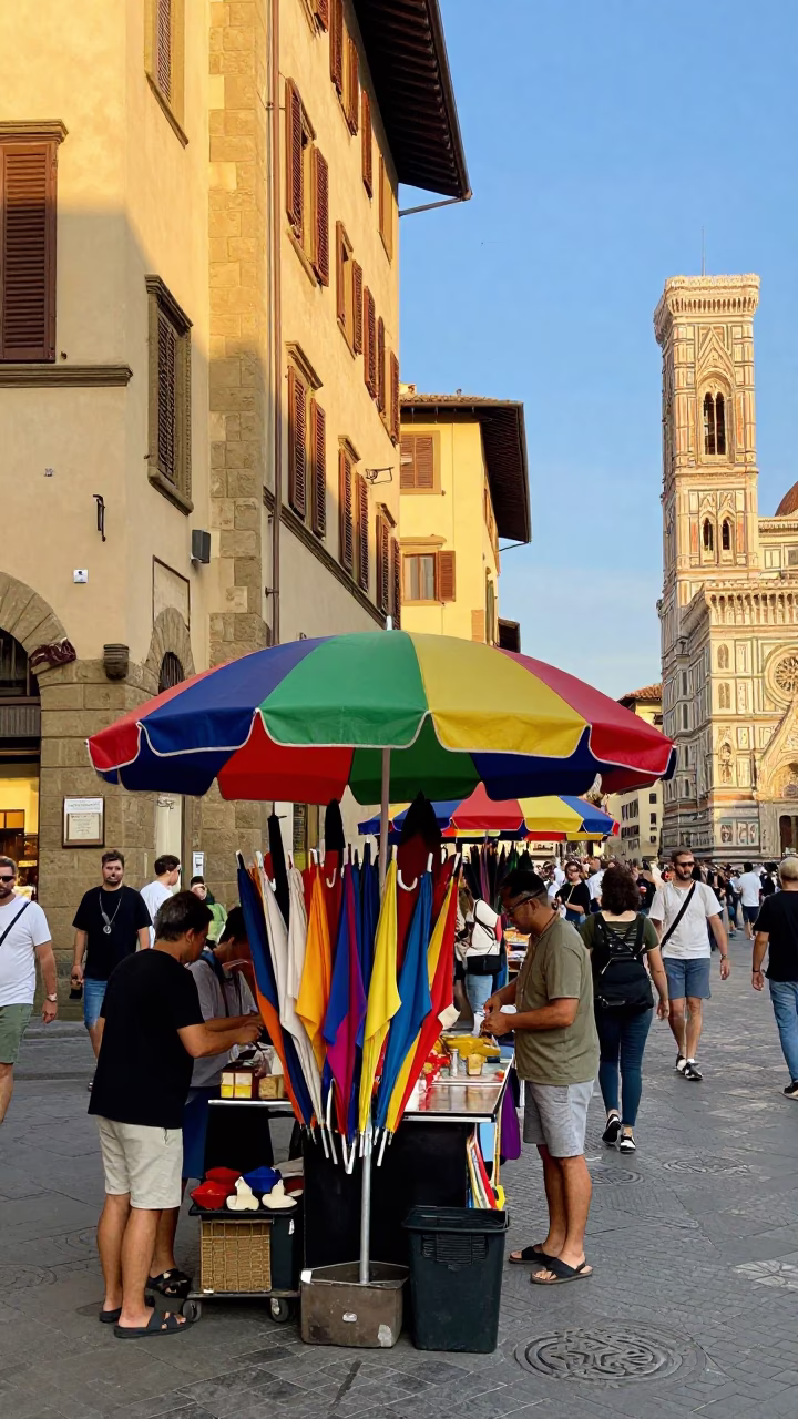 Vibrant Florence Street Scene with Colorful Umbrella Stall and Pedestrians in Late Afternoon Light in in Florence, Italy