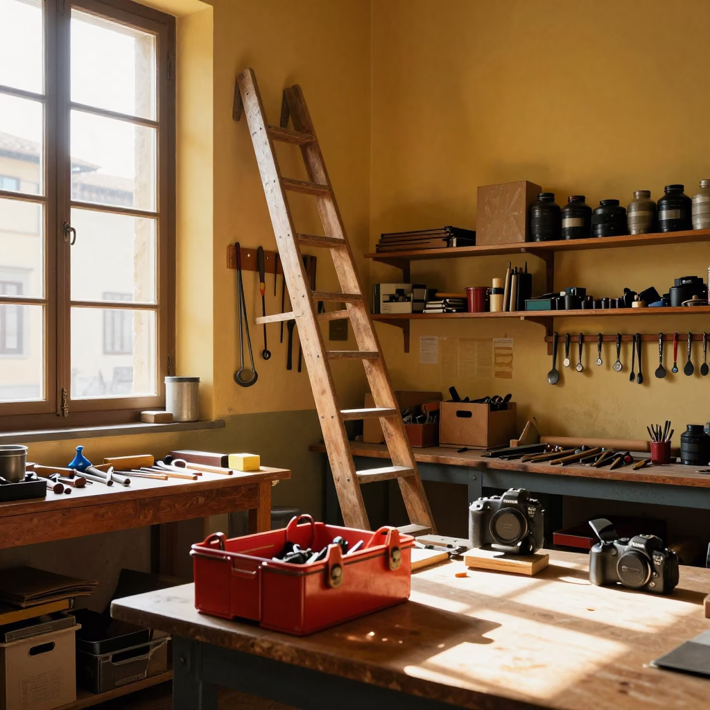 Vibrant Florentine Workshop Interior Midday Light on Tools and Ladder in in Florence, Italy