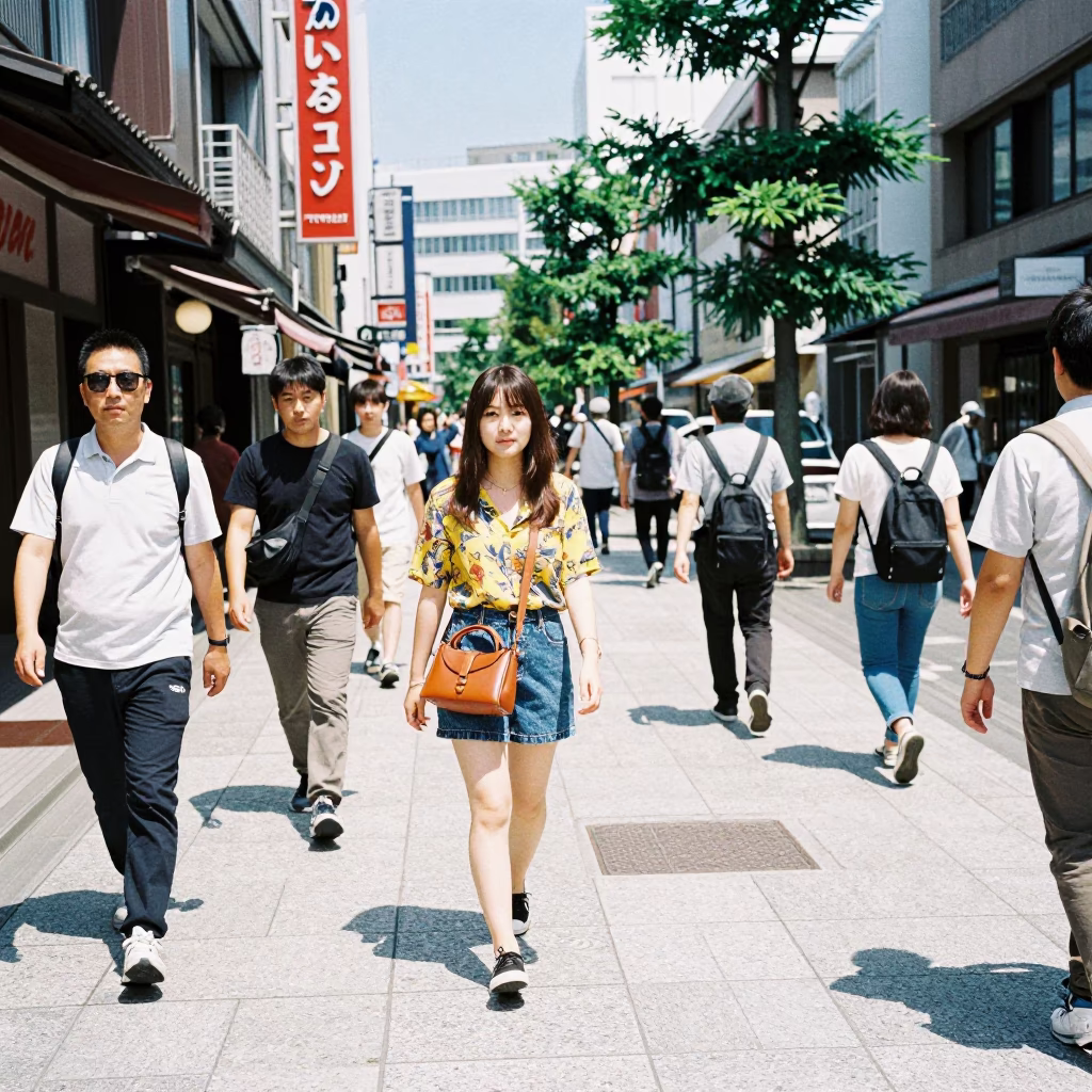Vibrant Fukuoka Street Fashion and Casual Dining Scene Under Noon Sunlight in in Fukuoka, Japan