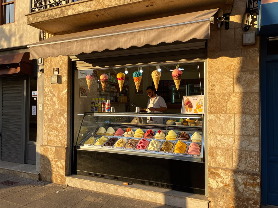 Vibrant Gelato Display in Alexandria Shop Window Catching Late Afternoon Sunlight in in Alexandria, Egypt