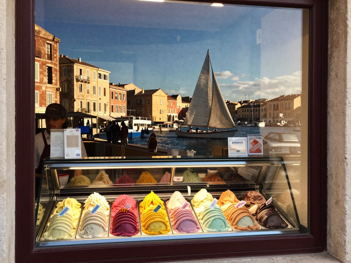 Vibrant Gelato Display in Marseille Shop Window Late Afternoon Sunlight in in Marseille, France