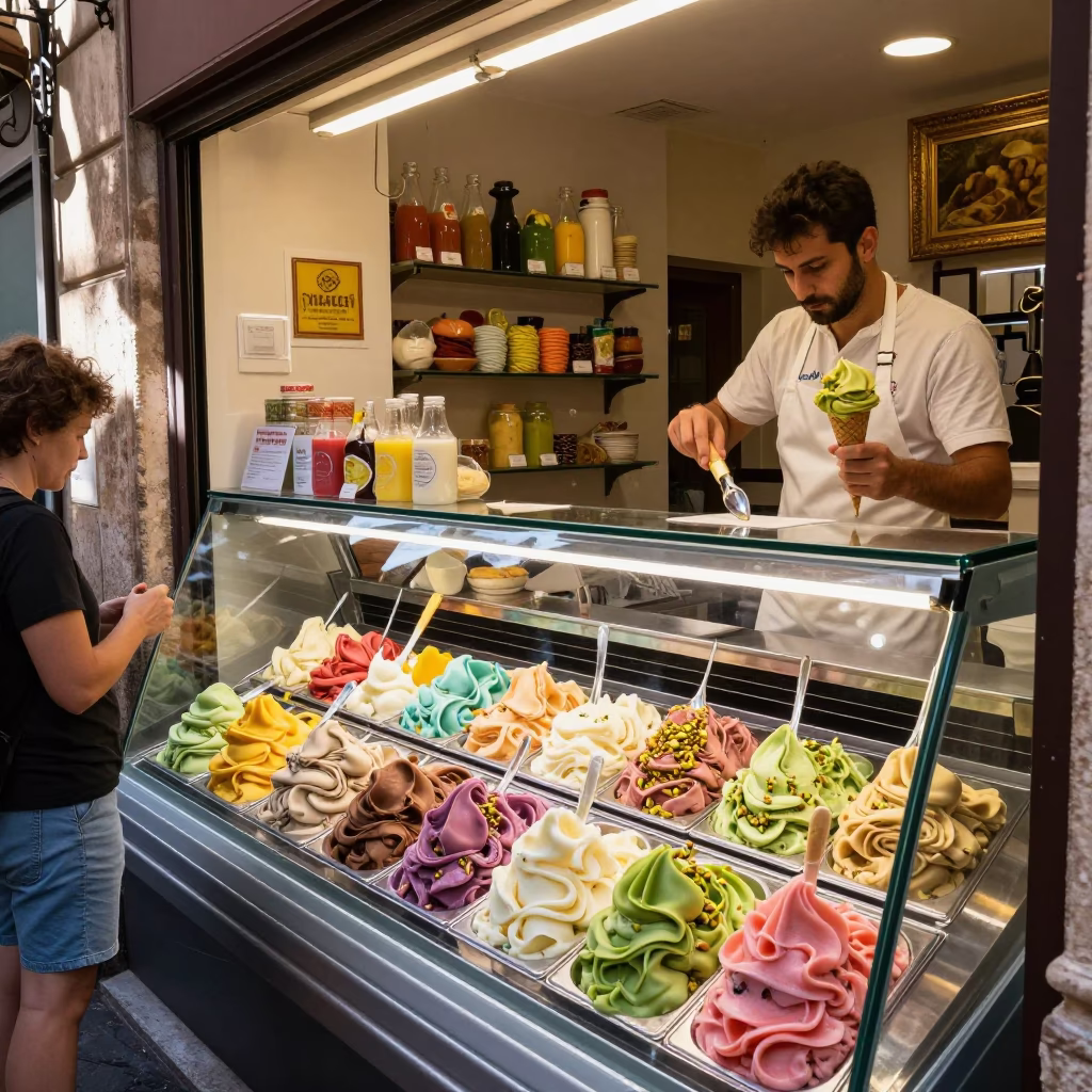 Vibrant Gelato Display in Palermo Shop Window with Customers at Midday in in Palermo, Italy