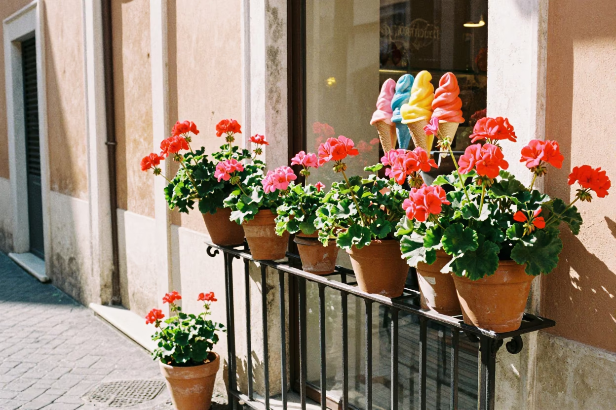 Vibrant Geraniums and Gelato Display in Bright Midmorning Rome Italy in in Rome, Italy