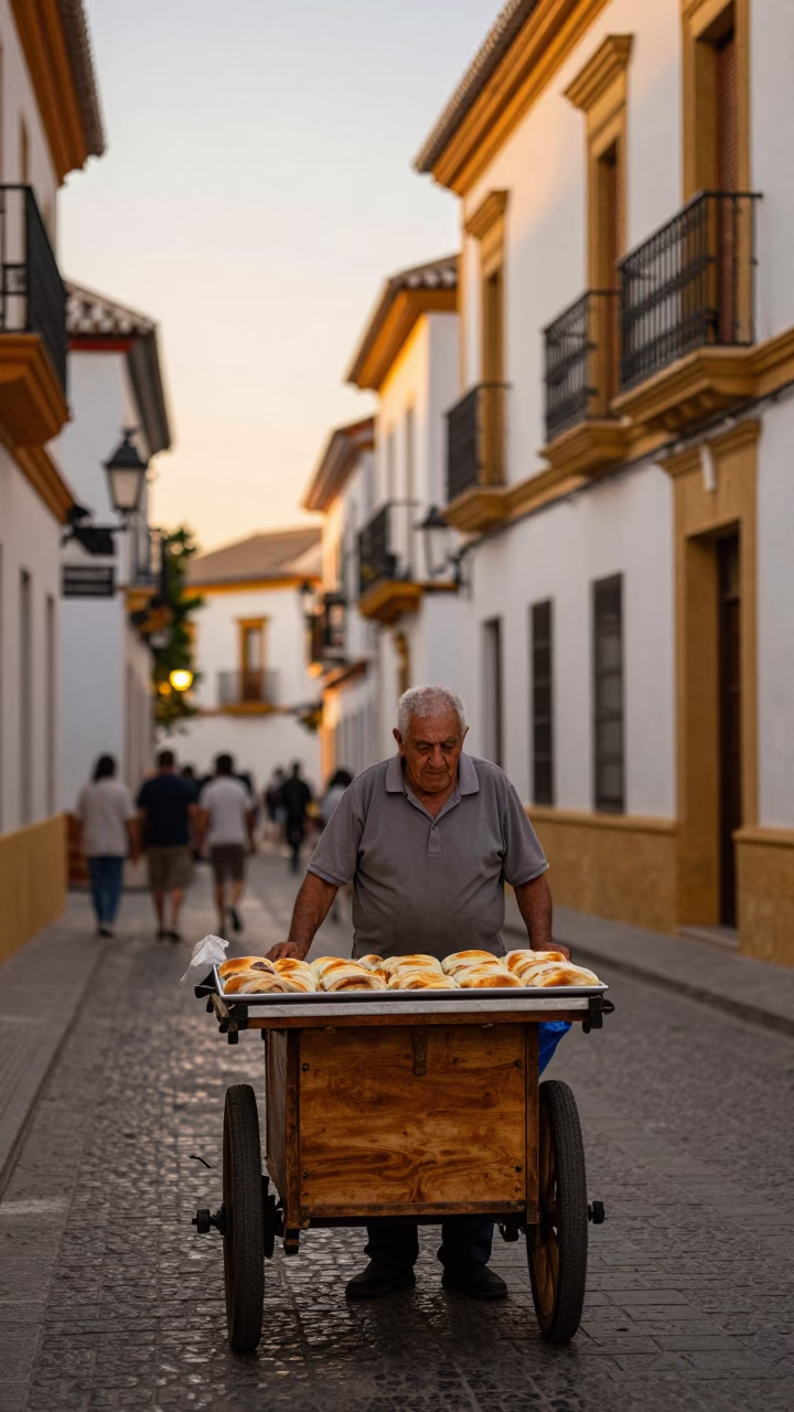 Vibrant Granada Evening Street Scene with Baking Sheet and Bread Loaves in in Granada, Spain