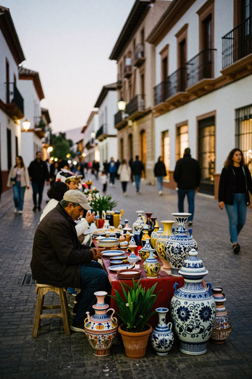 Vibrant Granada Spain Evening Street Scene with Traditional Pottery and Local Life in in Granada, Spain