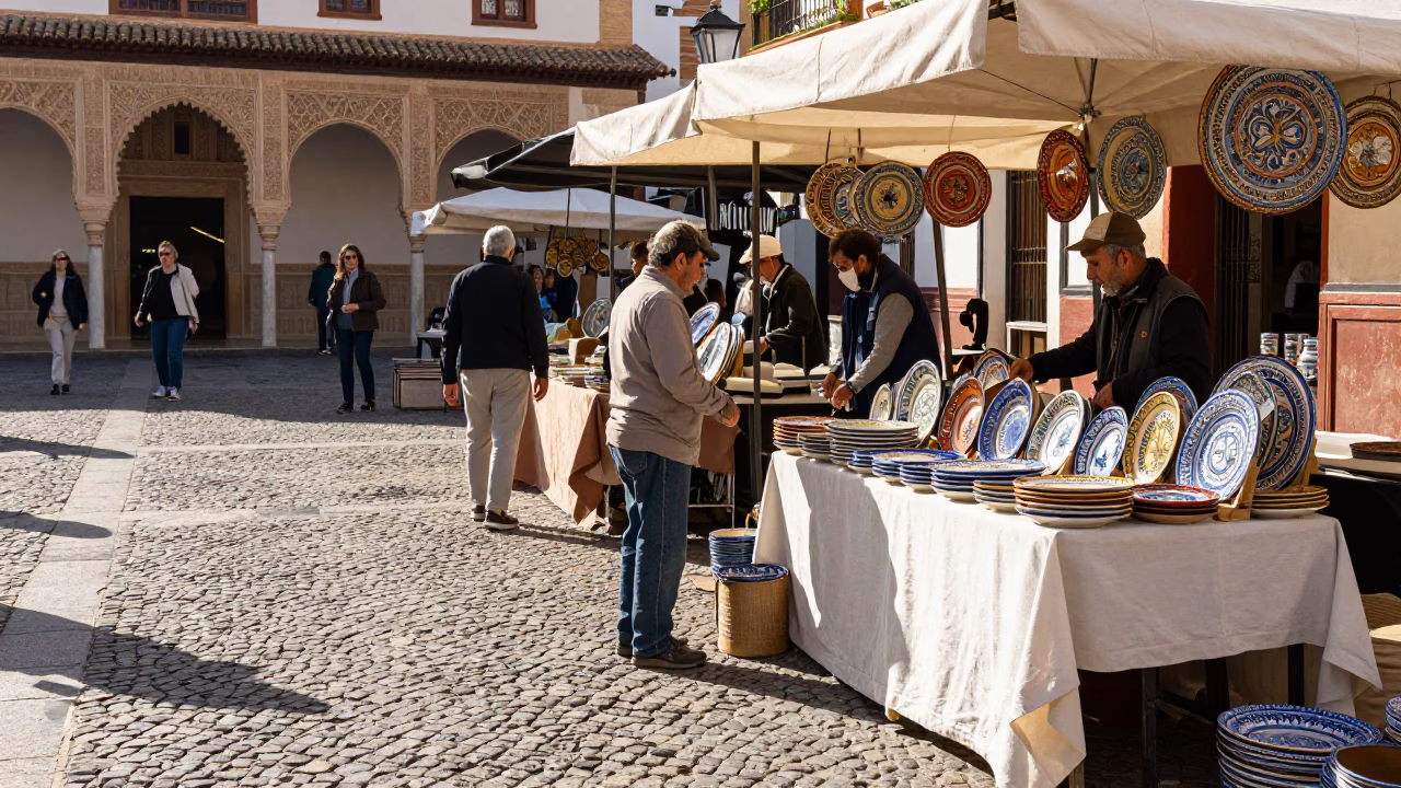 Vibrant Granada Spain Late Morning Street Scene with Vintage Majolica Plate and Prayer Beads in in Granada, Spain
