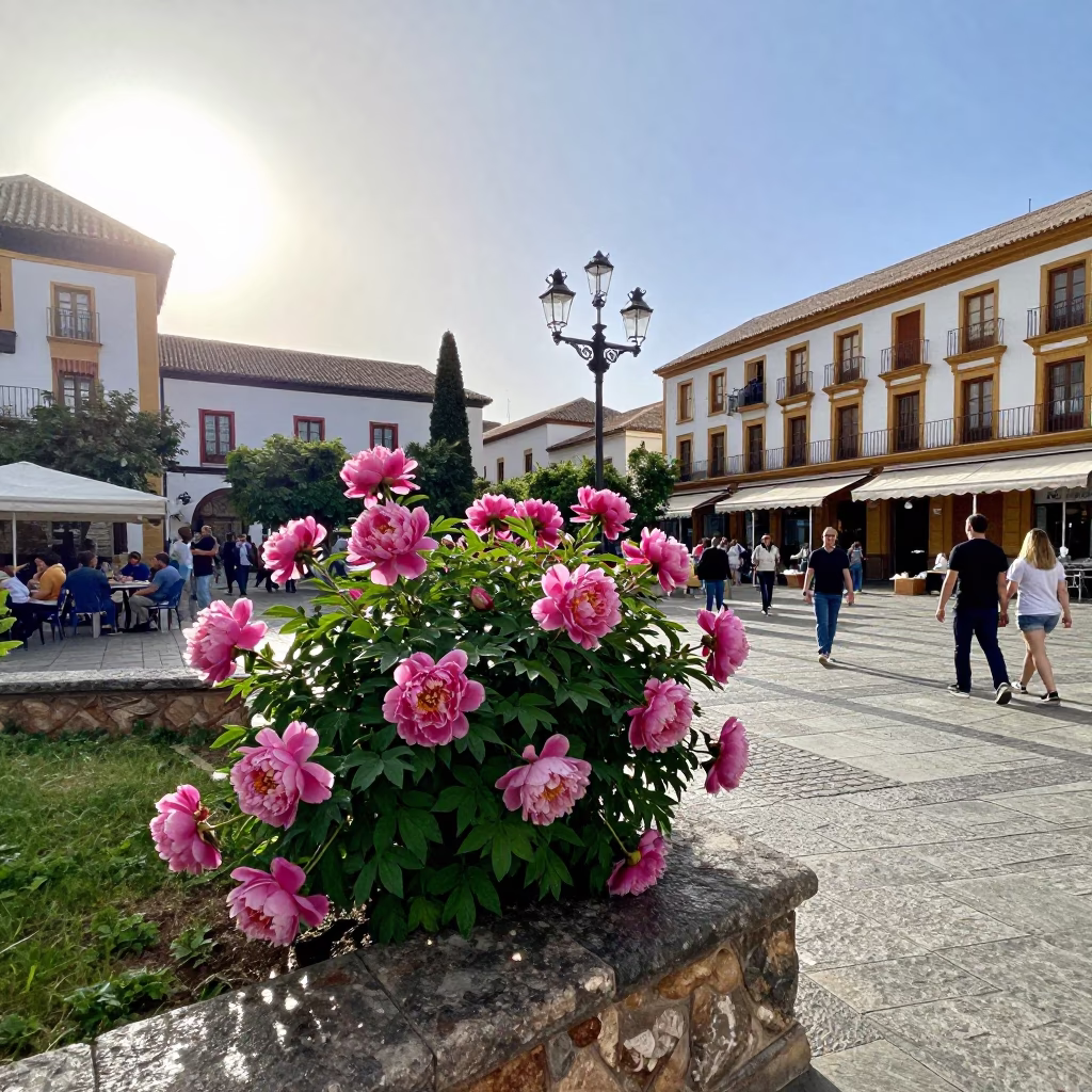 Vibrant Granada Spain Plaza Scene with Peony Bush and Local Life in in Granada, Spain