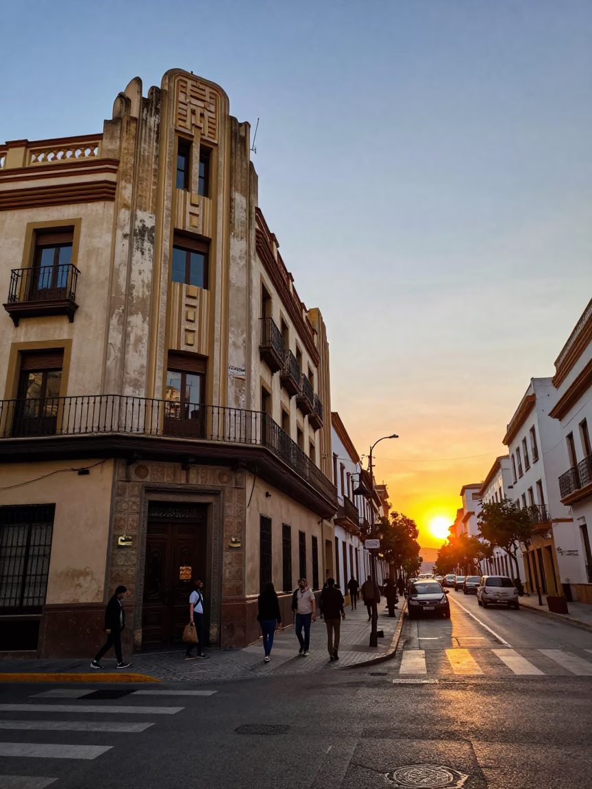 Vibrant Granada Spain Street Scene at Sunset with Art Deco Facade and Local Life in in Granada, Spain