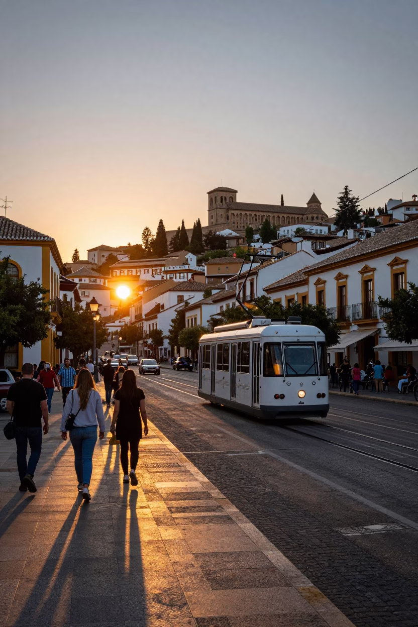 Vibrant Granada Spain Street Scene at Sunset with Funicular Railway and Crowded Plaza in in Granada, Spain