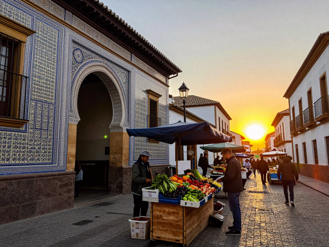 Vibrant Granada Spain Street Scene at Sunset with Local Market Activity and Traditional Architecture in in Granada, Spain