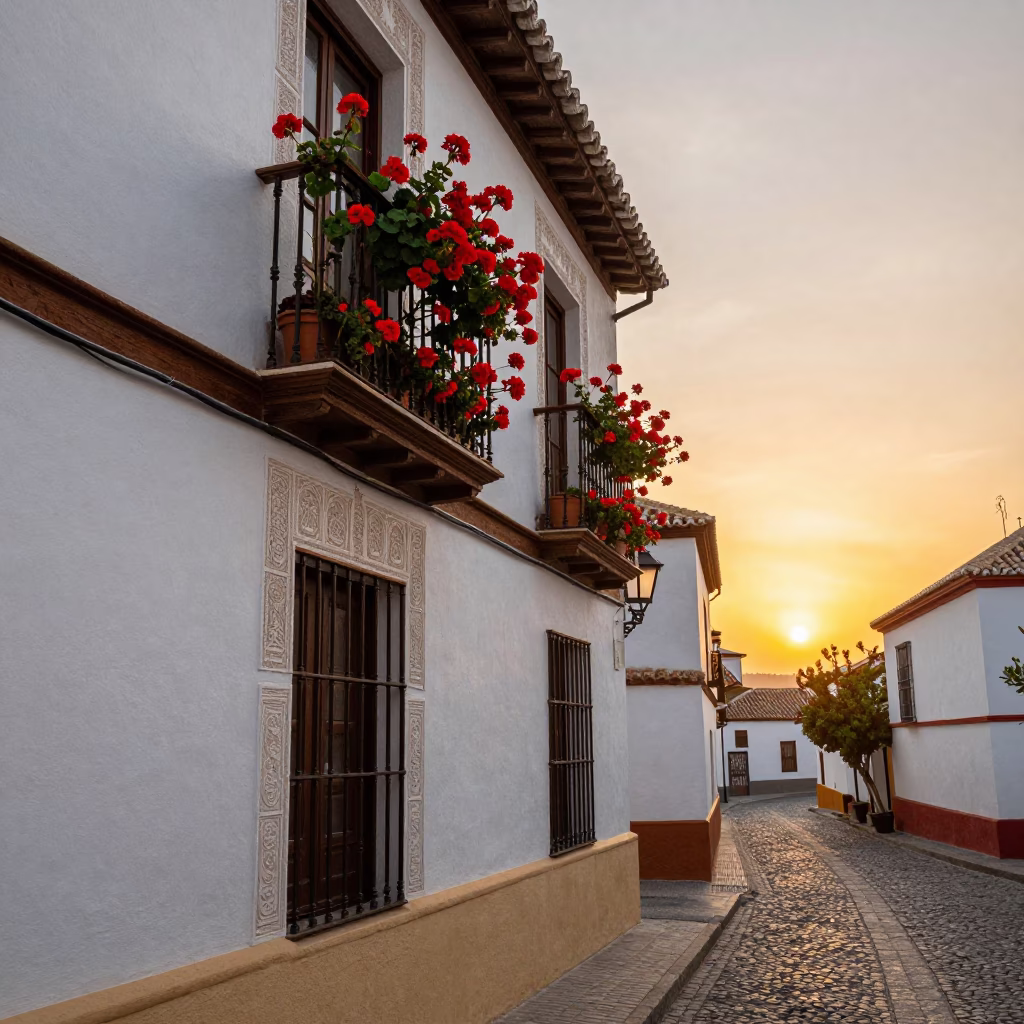 Vibrant Granada Spain Street Scene with Geraniums at Sunset in in Granada, Spain