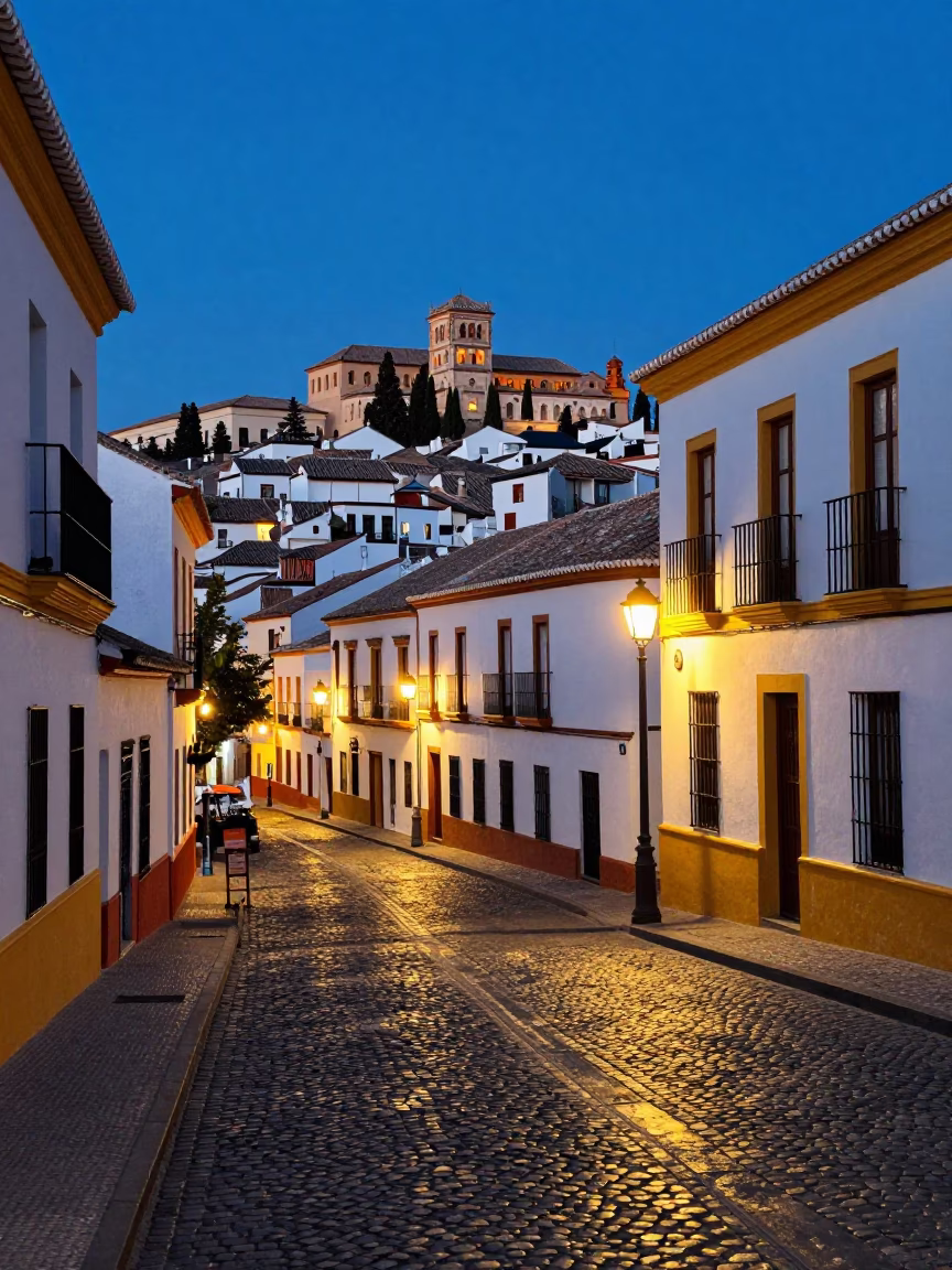 Vibrant Granada Street Scene at Dusk with Reflective Cobblestones and Local Market Activity in in Granada, Spain