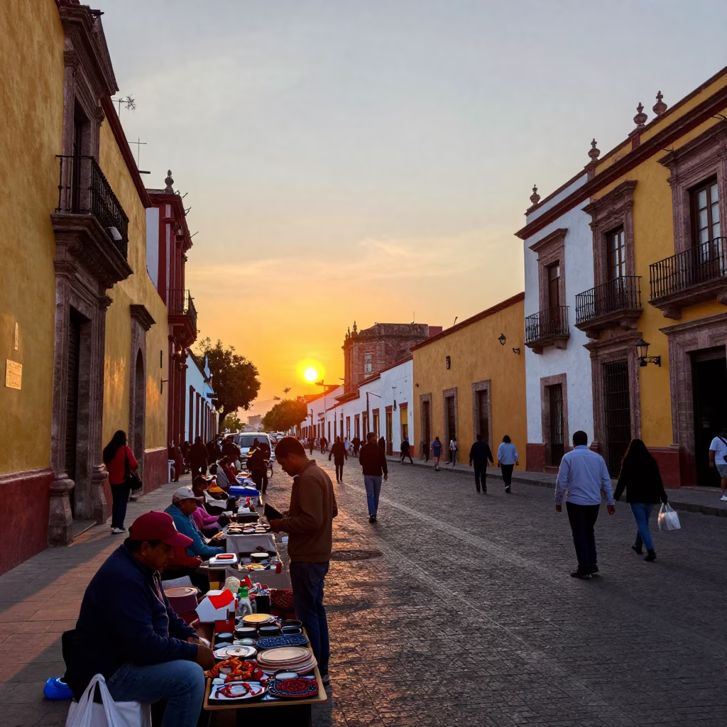 Vibrant Guadalajara Mexico Street Scene at Sunset with Local Vendors and Colorful Market Stalls in in Guadalajara, Mexico